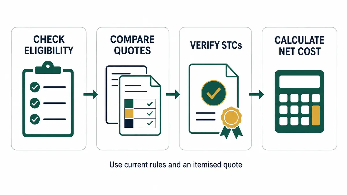 Four-step home battery discount process from eligibility and quotes to STCs and net cost
