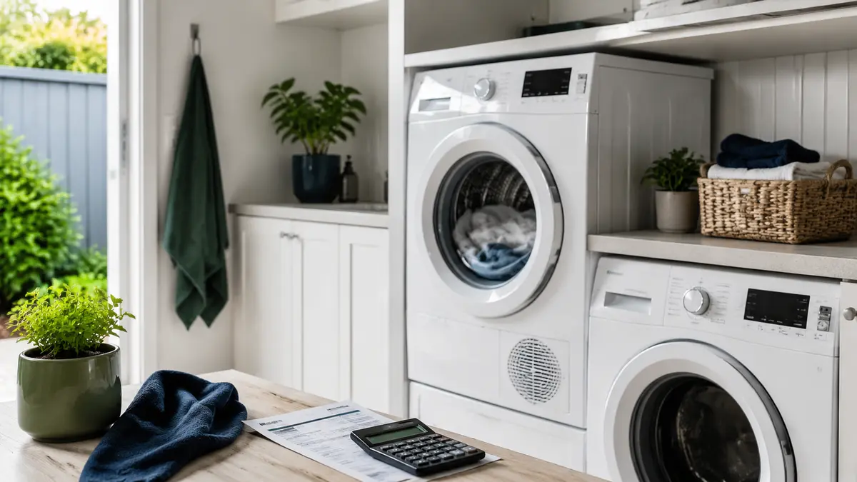 Clothes dryer running cost calculation in an Australian laundry with an electricity bill and calculator