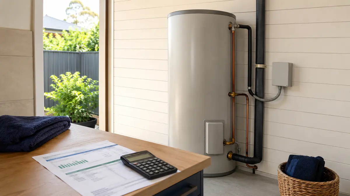 Electric hot water running cost calculation beside a conventional storage tank, electricity bill and calculator