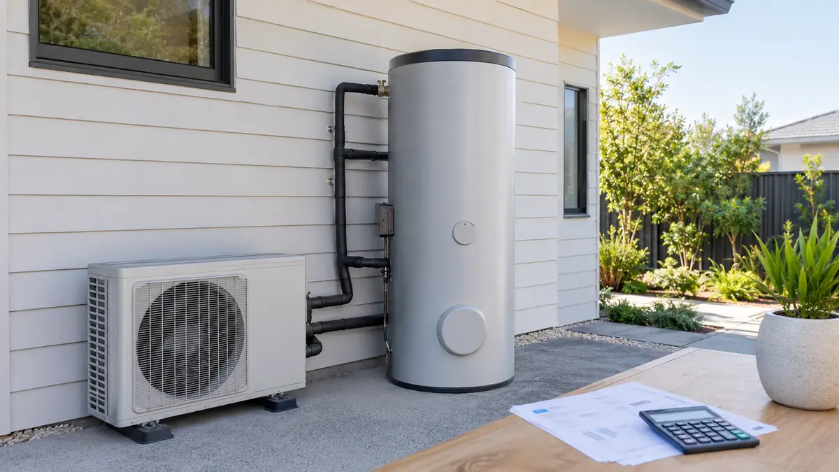 Heat pump hot water running cost calculation beside an Australian split-system tank, electricity bill and calculator
