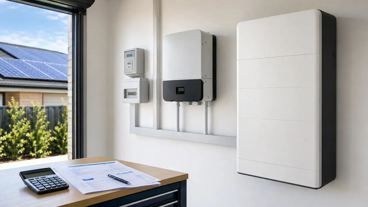 Solar battery payback Australia calculation beside a home battery, inverter, electricity bill and calculator