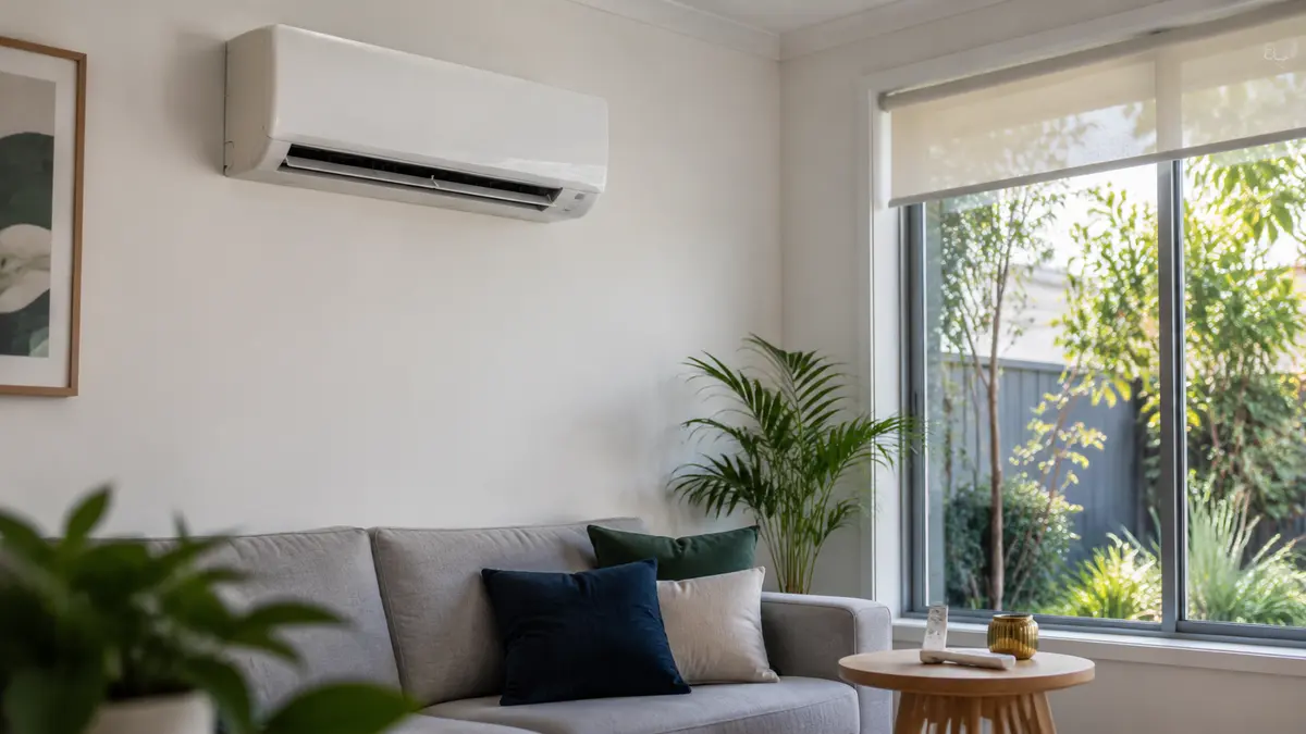 Split system running cost in a modern Australian living room with wall-mounted air conditioning