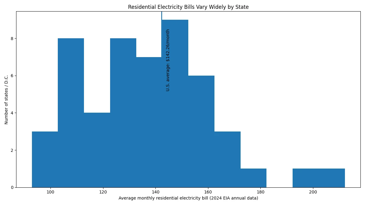 Distribution of average residential electricity bills across U.S. states with the national average marked