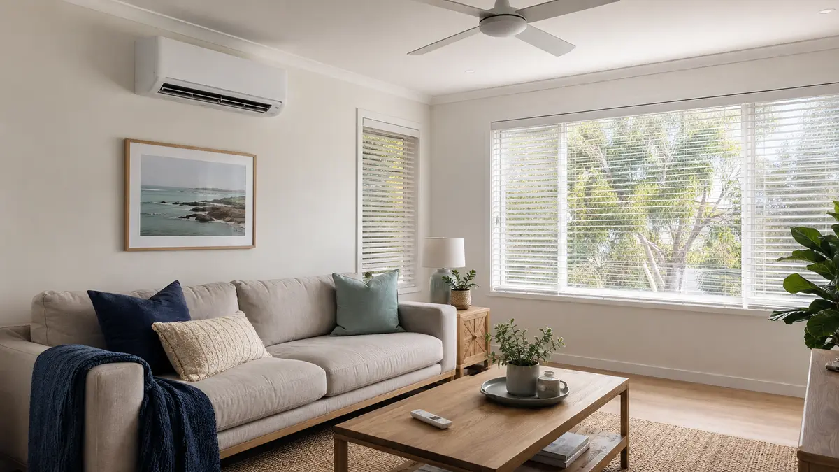 Best air conditioner temperature to save energy Australia guide illustration: split system, ceiling fan and shaded windows