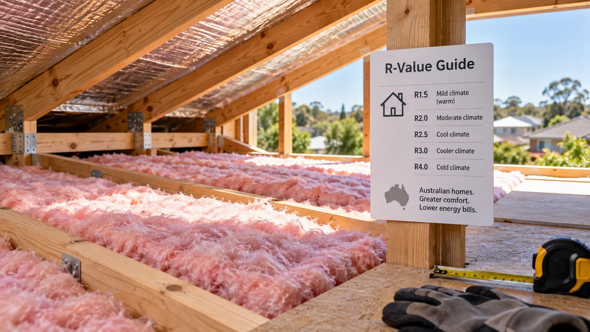 Ceiling insulation batts fitted between timber roof framing with reflective roof lining visible above