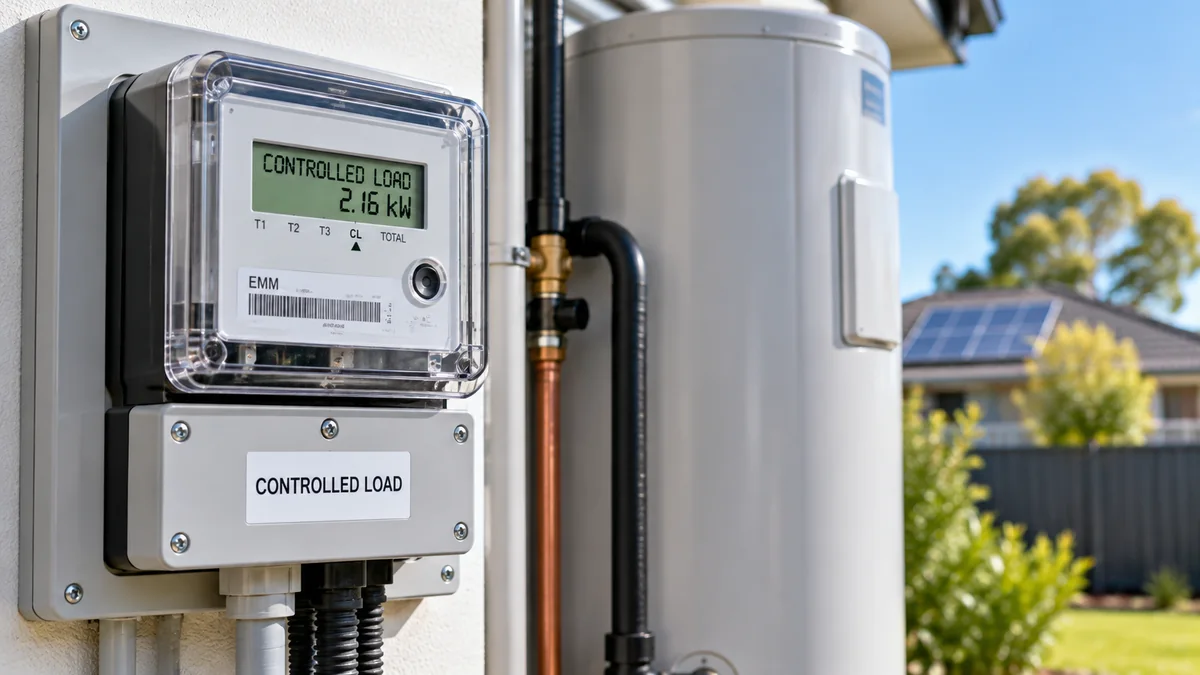 Controlled load electricity in Australia shown with a dedicated electricity meter and electric hot-water system