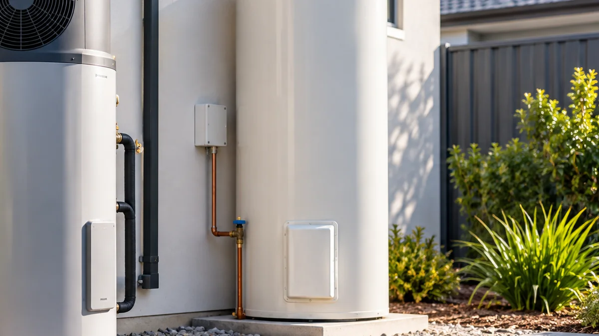 Controlled load hot water at an Australian home with a storage cylinder and rooftop solar nearby