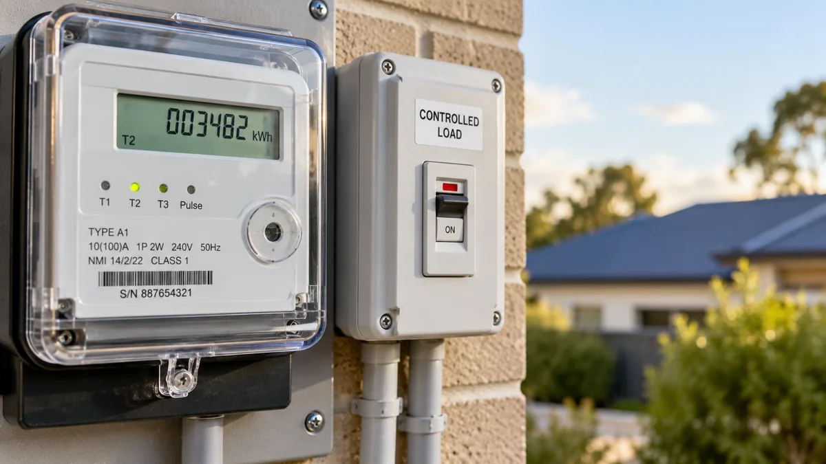 Dedicated controlled-load electricity meter and circuit enclosure on an Australian home