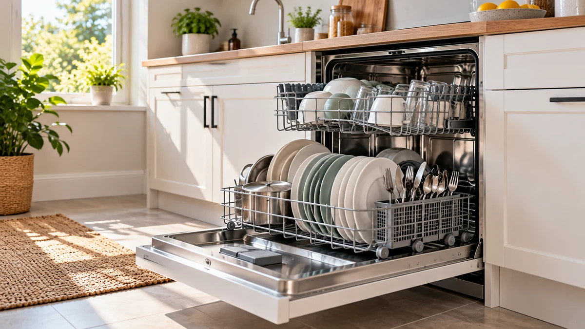 Fully loaded household dishwasher with plates glasses and cookware arranged on both racks