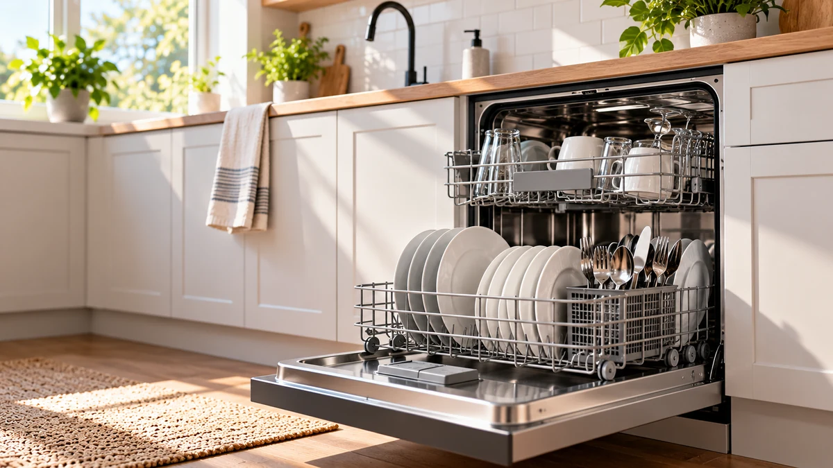 Dishwasher running cost USA guide shown with a modern stainless steel dishwasher open in a bright home kitchen