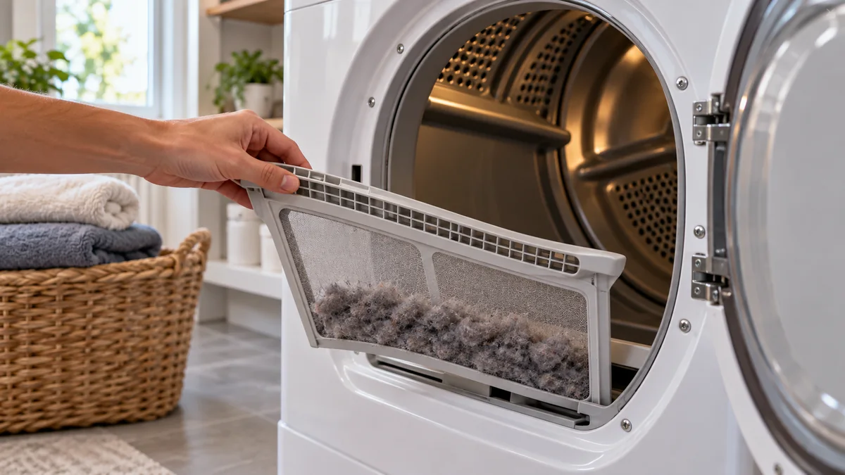 Lint filter being removed from a household clothes dryer during routine maintenance