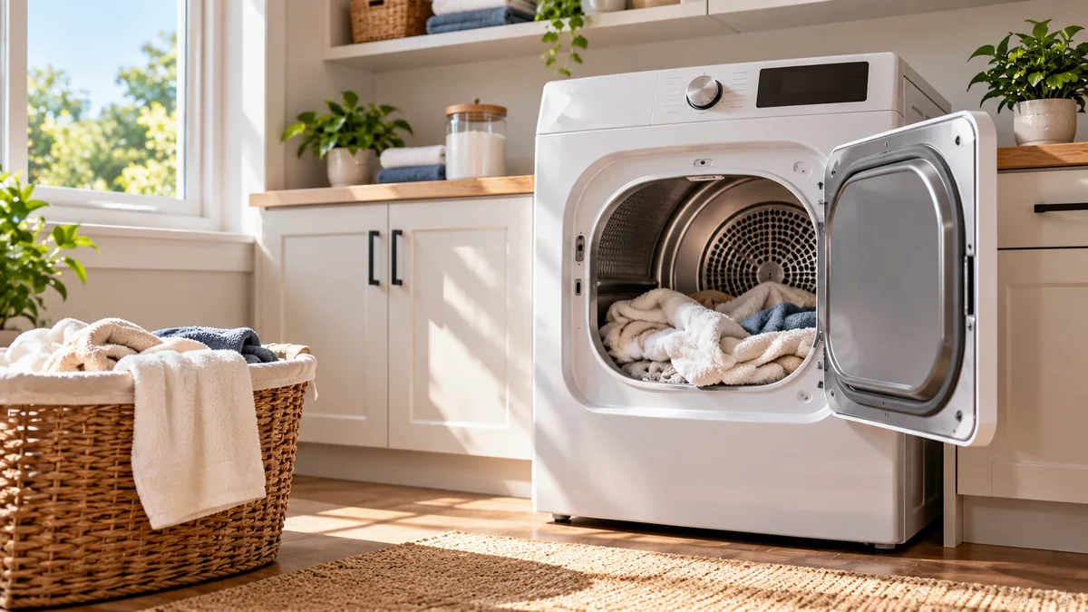 Dryer running cost USA guide shown with a modern electric clothes dryer in a bright home laundry room