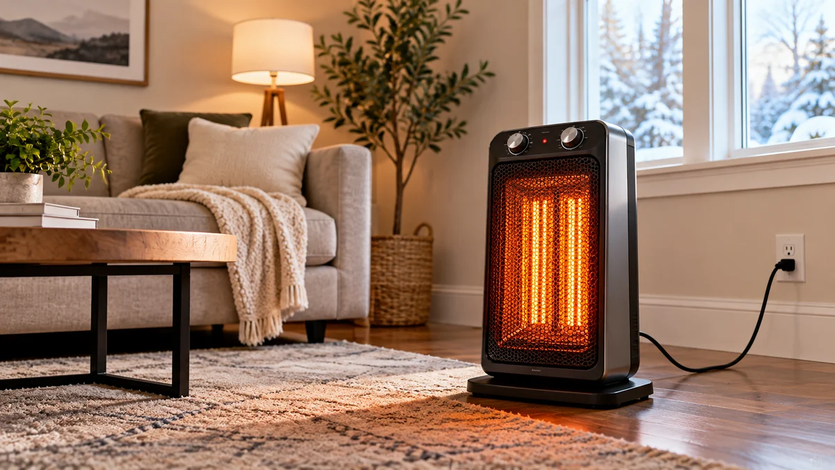 Portable electric resistance space heater warming a living room during winter
