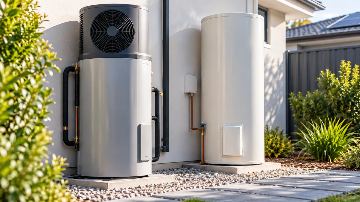 Heat-pump water heater beside a conventional electric hot-water cylinder at an Australian home