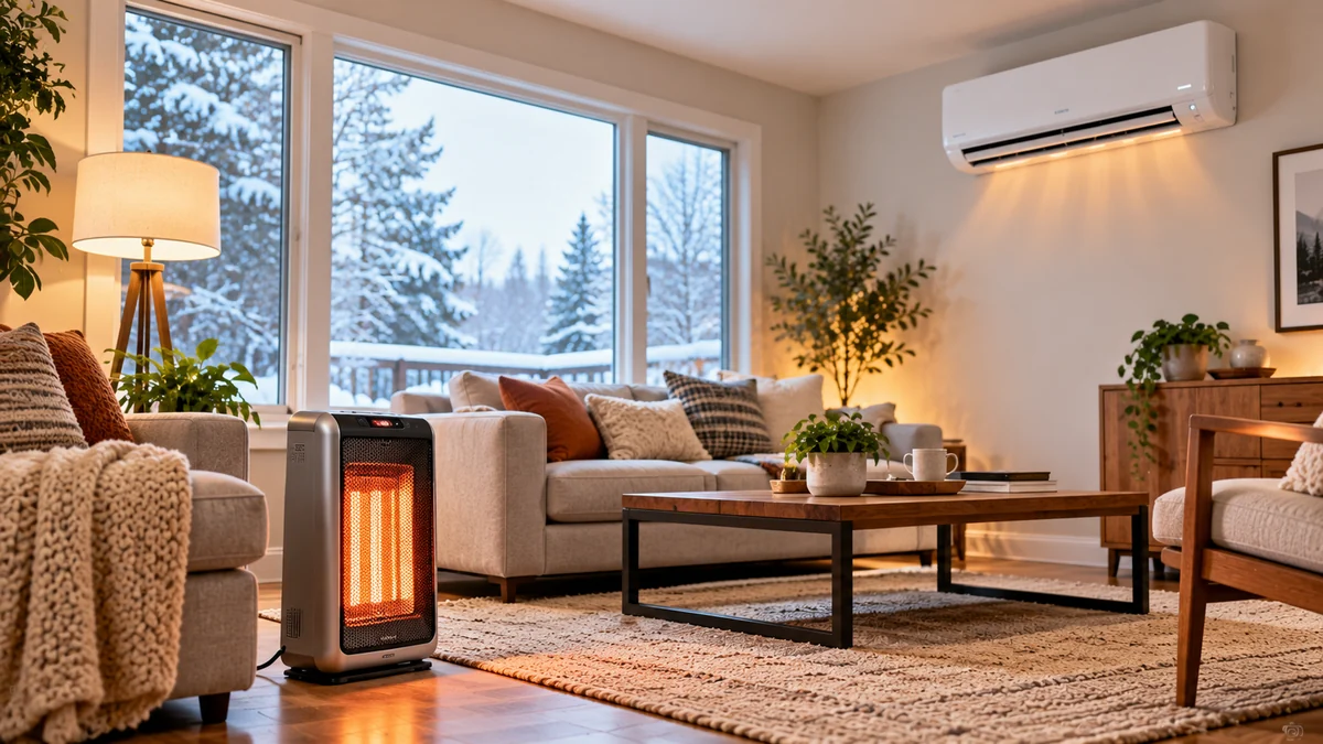 Heat pump vs electric resistance heating cost USA comparison with a mini split heat pump and portable electric heater in a winter living room