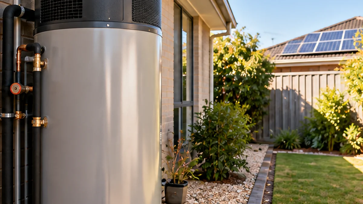 Hot-water system beside an Australian home with rooftop solar in the background