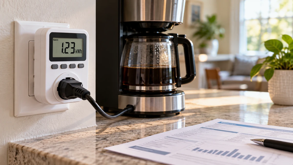 Plug-in electricity monitor beside a coffee maker showing household energy use in kilowatt-hours