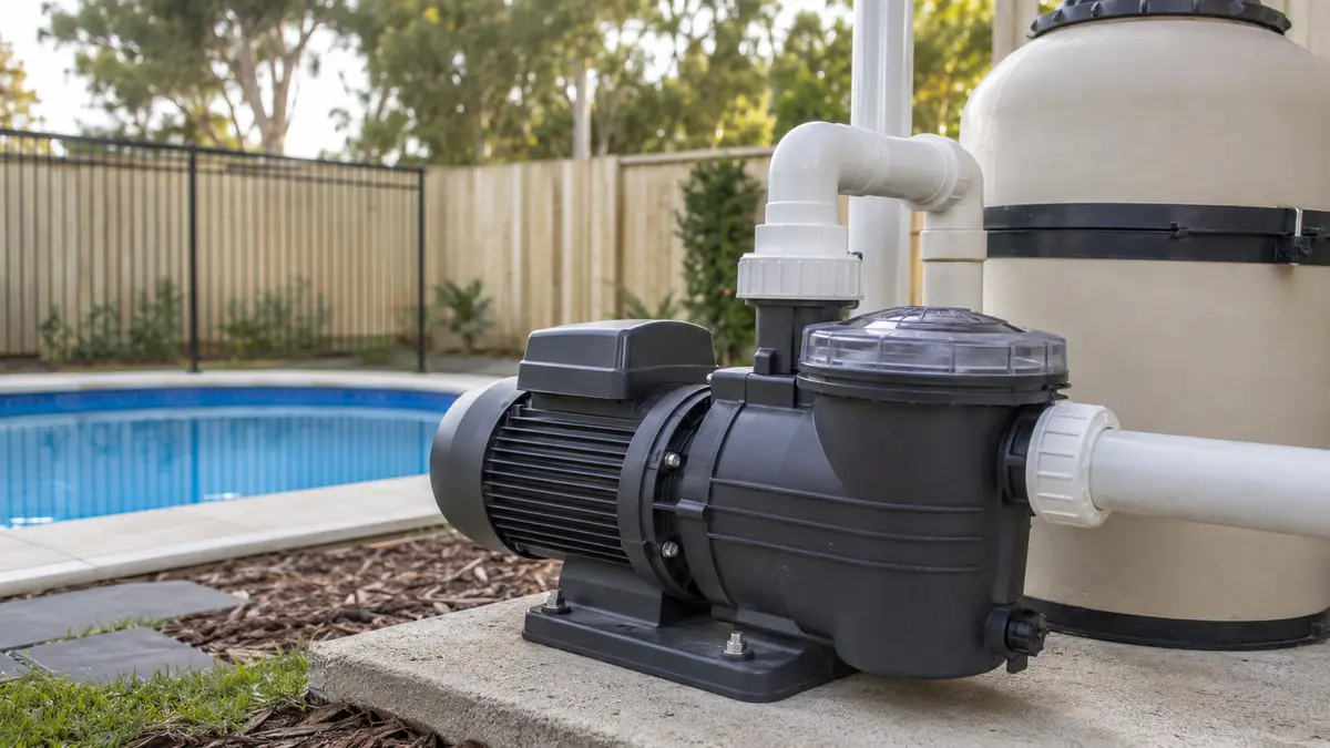 Pool pump running cost Australia guide: circulation pump beside a cartridge filter in a backyard