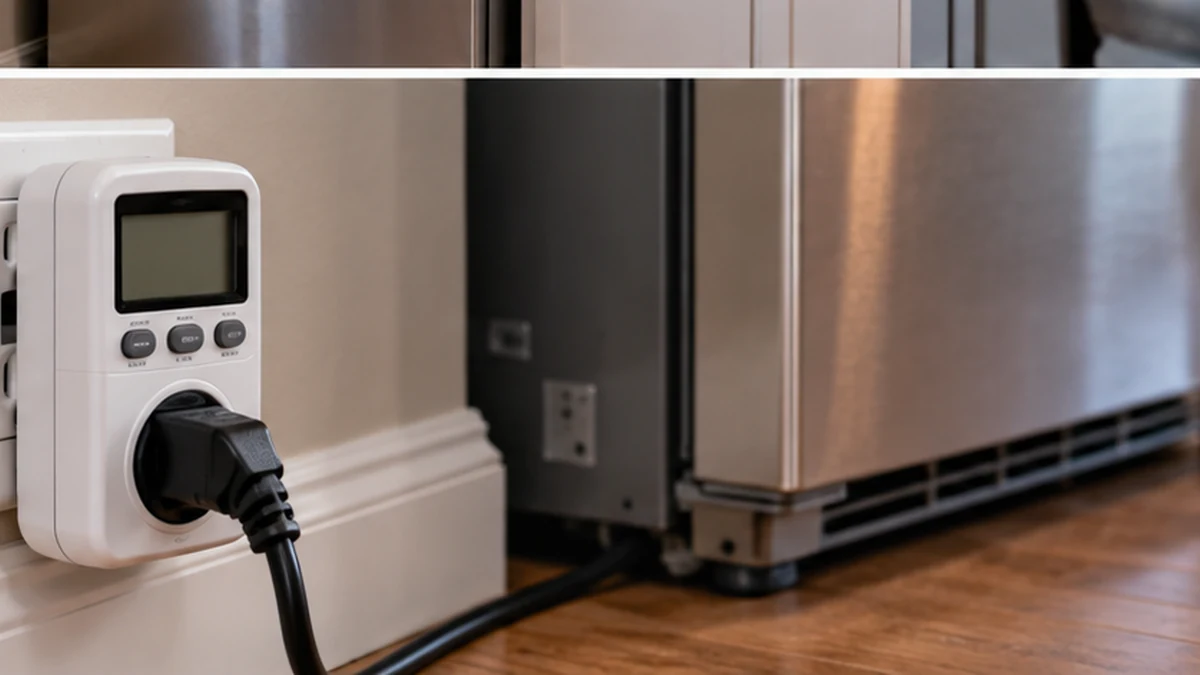 Plug-in electricity monitor connected near a household refrigerator for measuring energy use