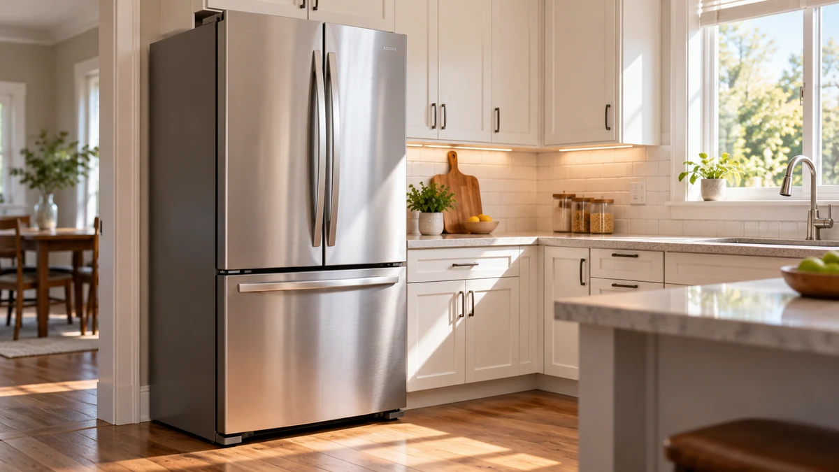 Refrigerator running cost USA guide illustrated by a modern refrigerator in a bright home kitchen