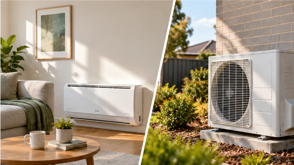 Reverse cycle heating running cost Australia guide showing indoor and outdoor heat-pump air-conditioning units