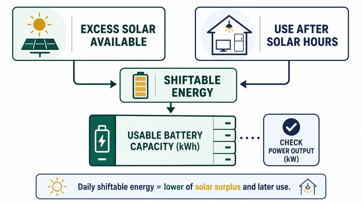 Solar battery sizing method comparing excess solar, later electricity use, usable capacity and power output