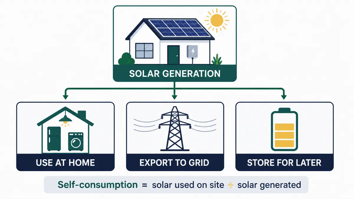 Solar self-consumption energy flow from rooftop generation to home use, grid export and battery storage
