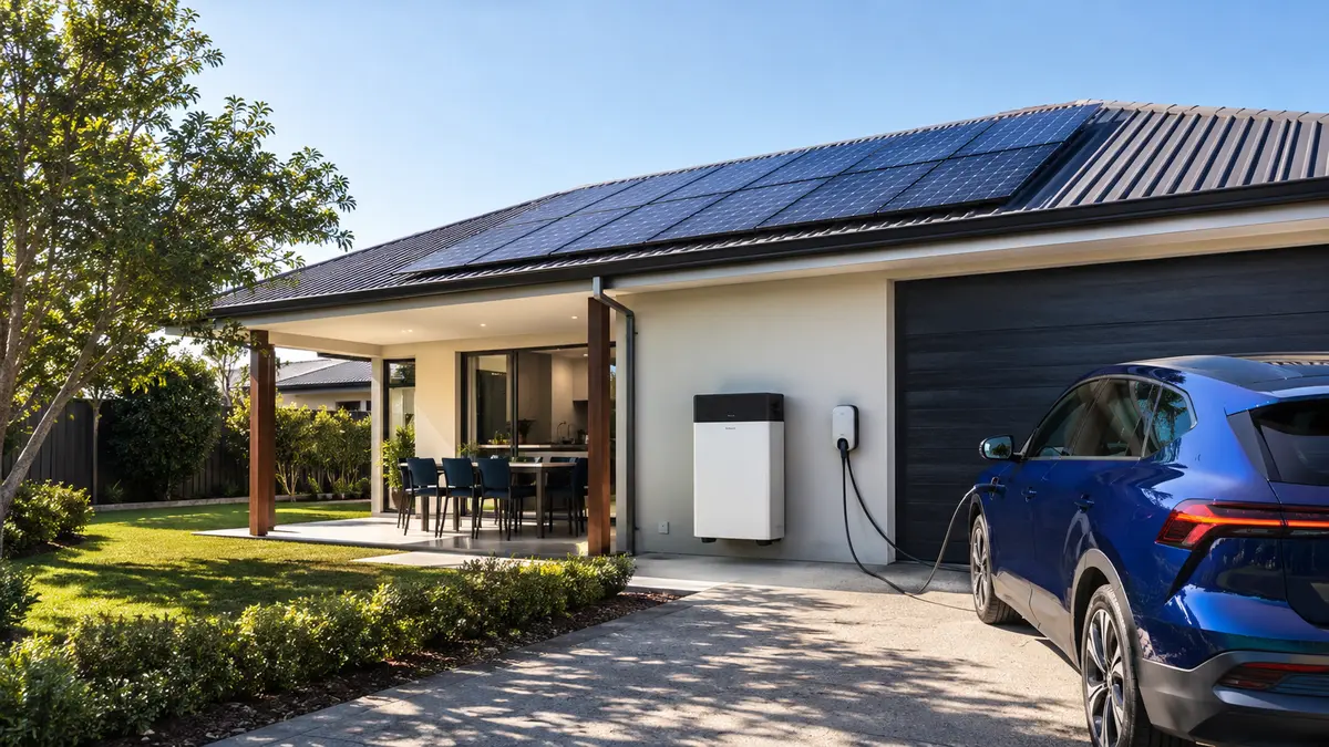 Solar self consumption explained Australia with rooftop panels powering a home, battery and electric vehicle