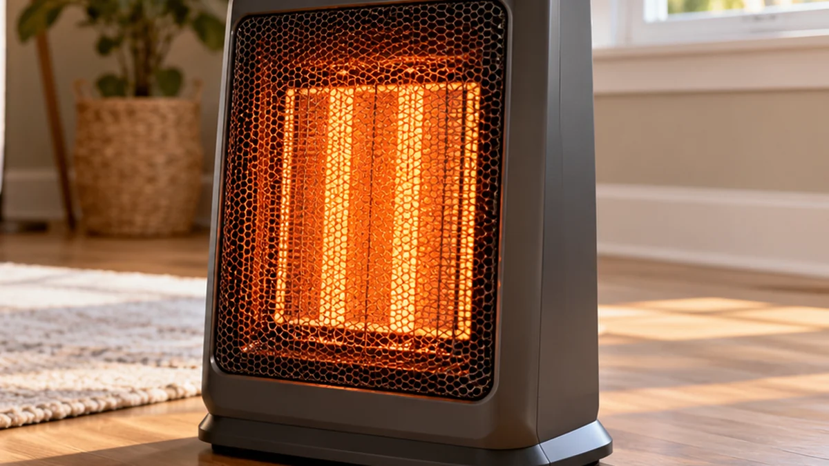 Close view of a portable electric space heater operating at a heating setting in a home