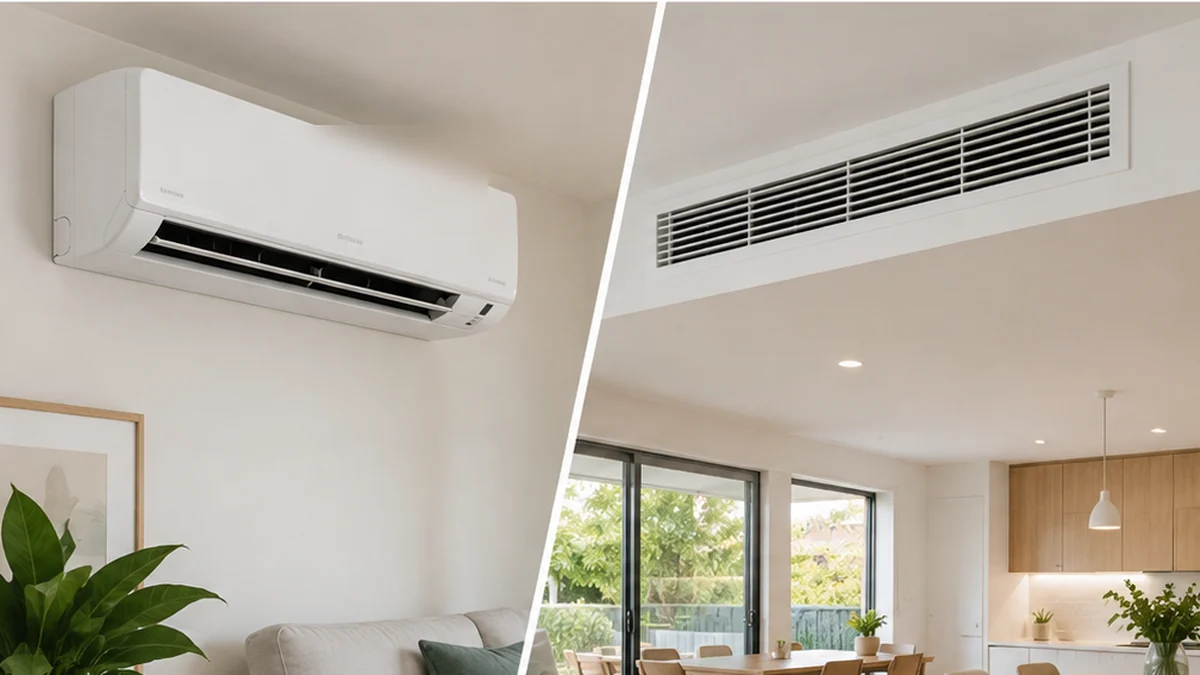 Split system vs ducted air conditioning running costs shown with a wall-mounted split unit and ducted ceiling vent