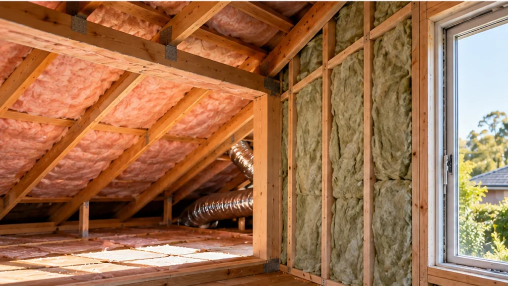 Wall and ceiling insulation installed in exposed timber framing during an Australian home renovation