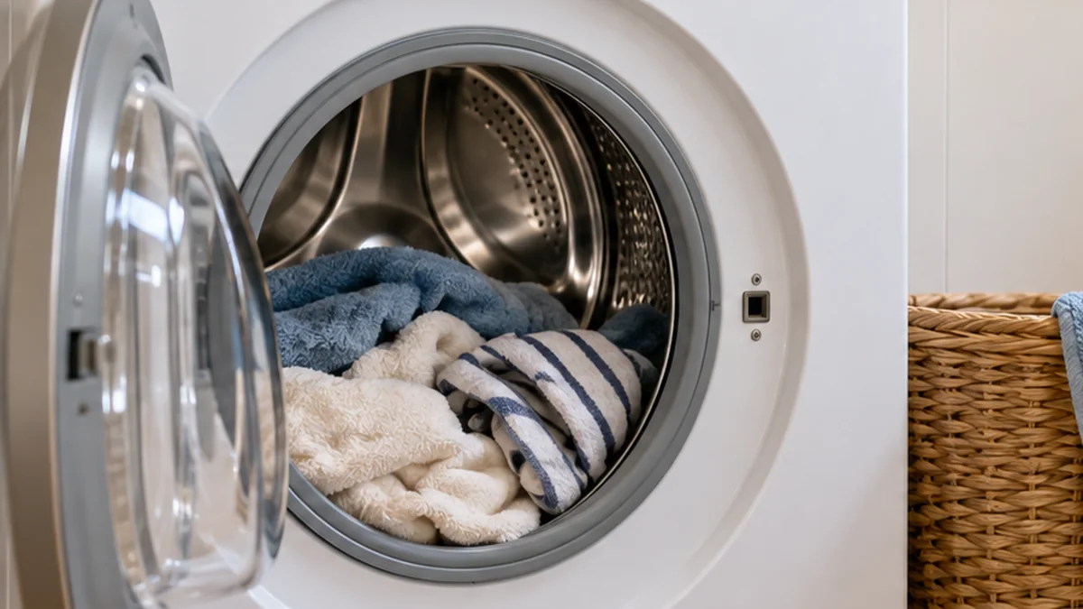 Open front-loading washing machine with laundry ready for a wash cycle in a residential laundry room
