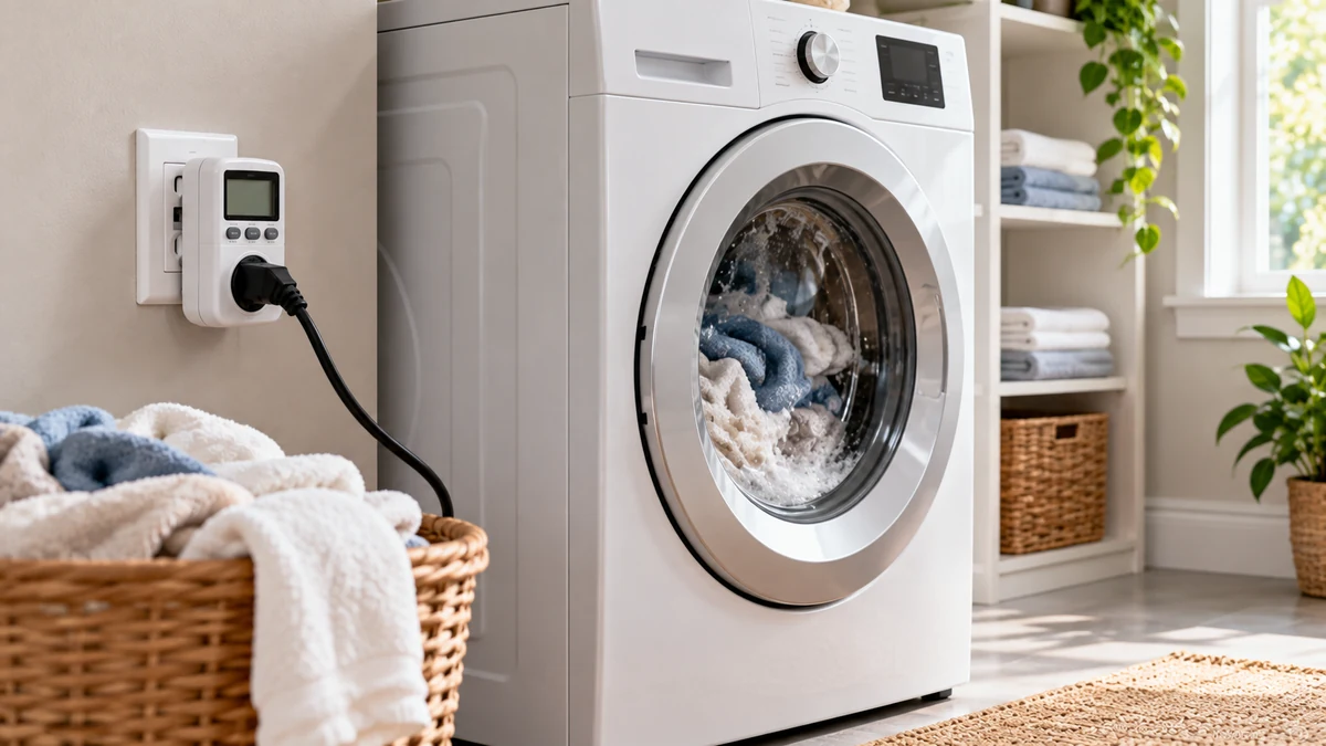 Front-load washing machine connected through a plug-in electricity monitor for measuring direct washer energy use