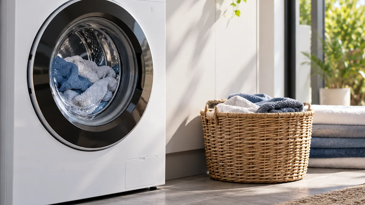 Washing machine running cost Australia guide shown with a front-loading washer and laundry basket in a bright home laundry