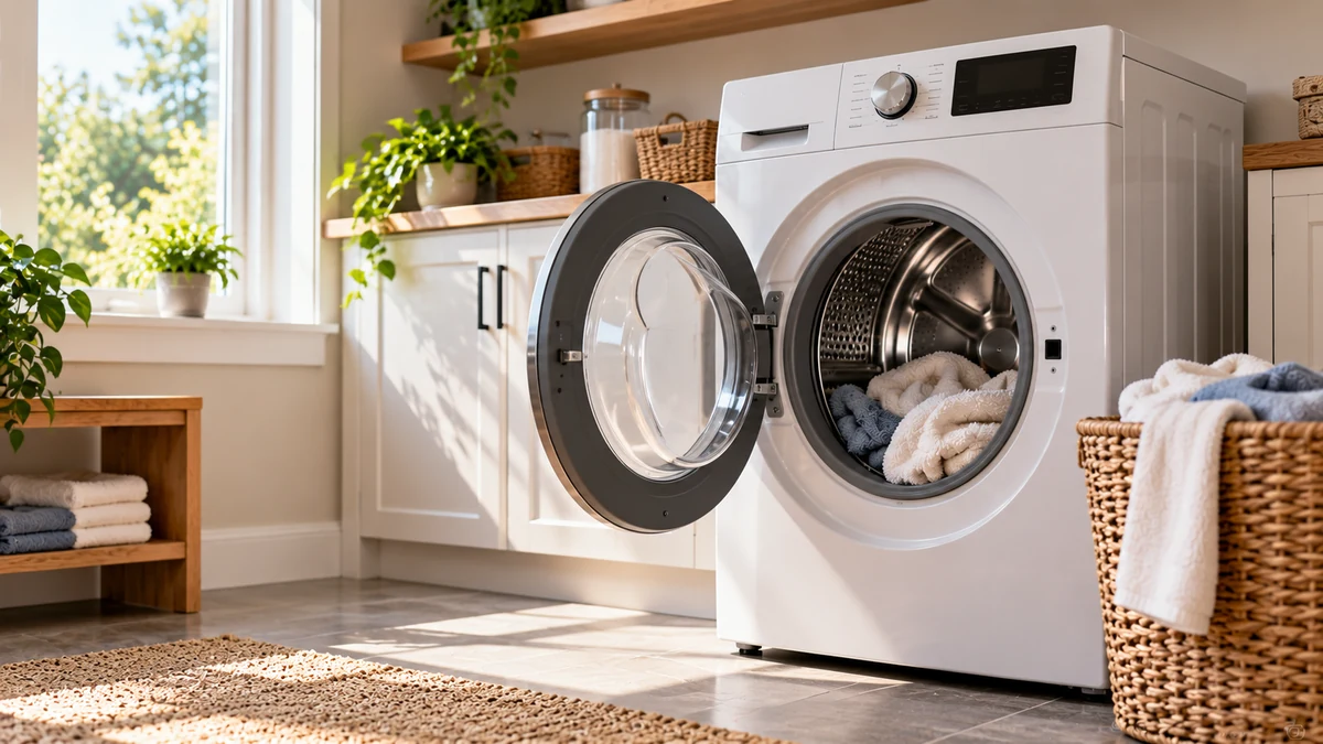 Washing machine running cost USA guide shown with a modern front-load washer in a bright home laundry room