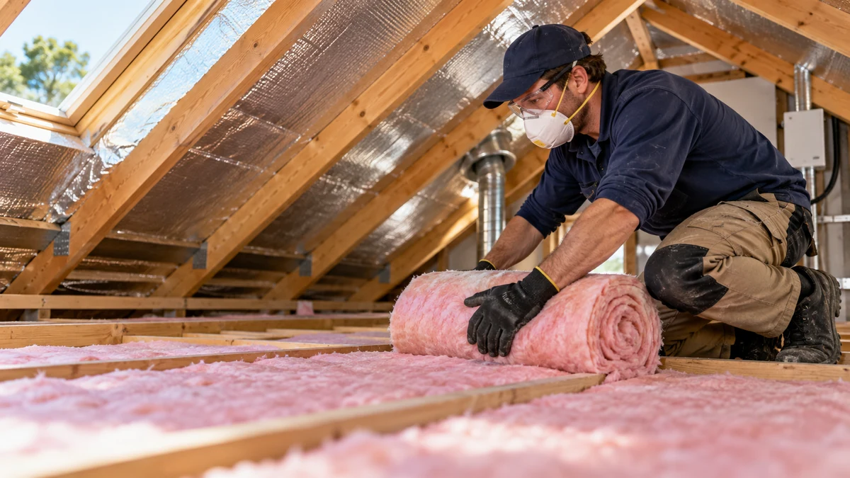 What R-value do I need for an Australian home? Ceiling insulation batts being installed between timber roof joists