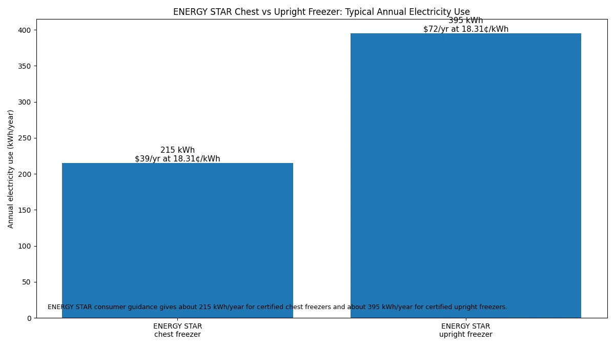 ENERGY STAR chest vs upright freezer annual electricity use and running cost comparison