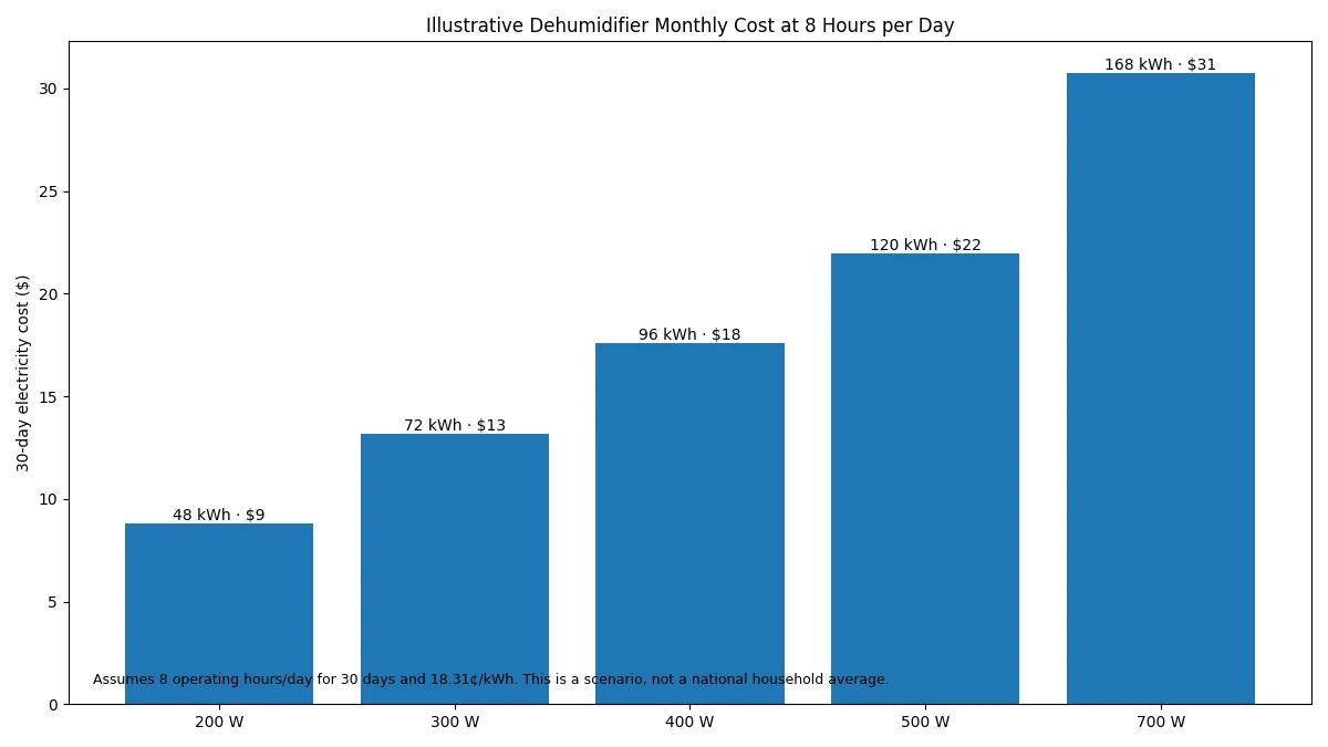 Dehumidifier monthly electricity cost at eight hours per day for different average wattages