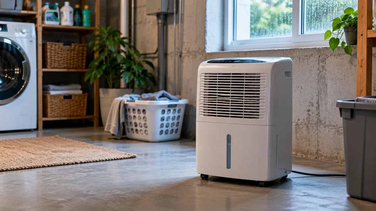 Dehumidifier running cost USA guide with a realistic portable dehumidifier in a basement laundry room