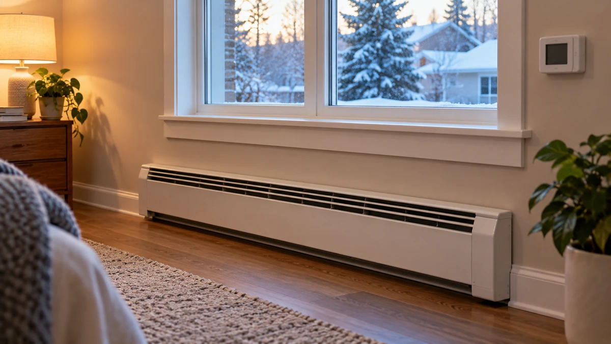 Electric baseboard heating cost USA guide with a realistic baseboard heater in a winter room