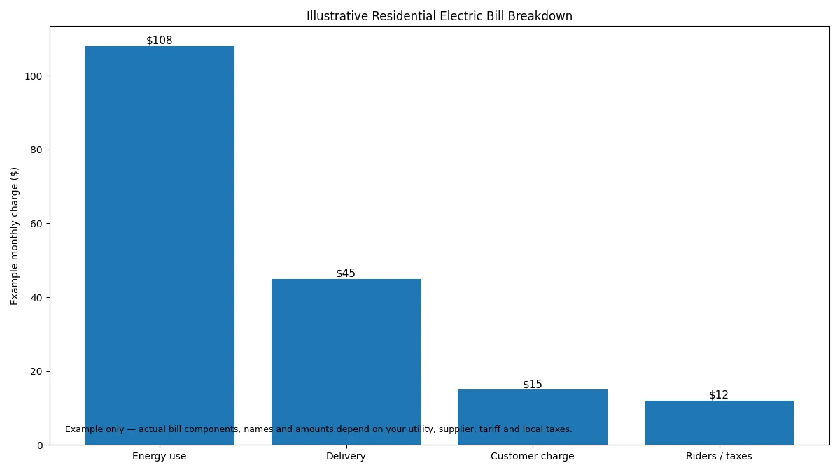 Illustrative electric bill components including energy delivery customer charge and fees