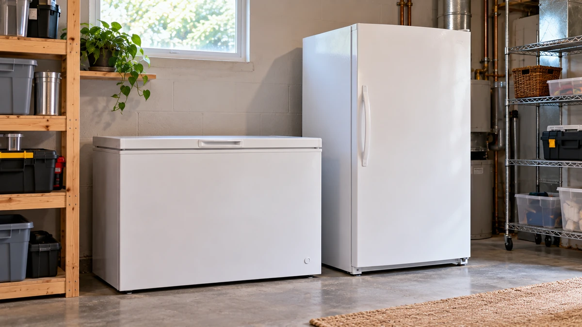 Freezer running cost USA guide with a realistic chest freezer and upright freezer in a home utility room