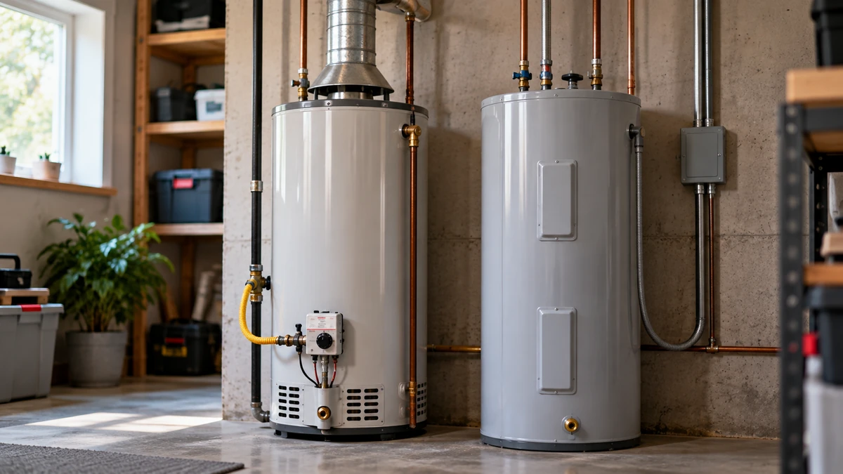Gas vs electric water heater comparison with realistic gas and electric storage tanks in a home utility room