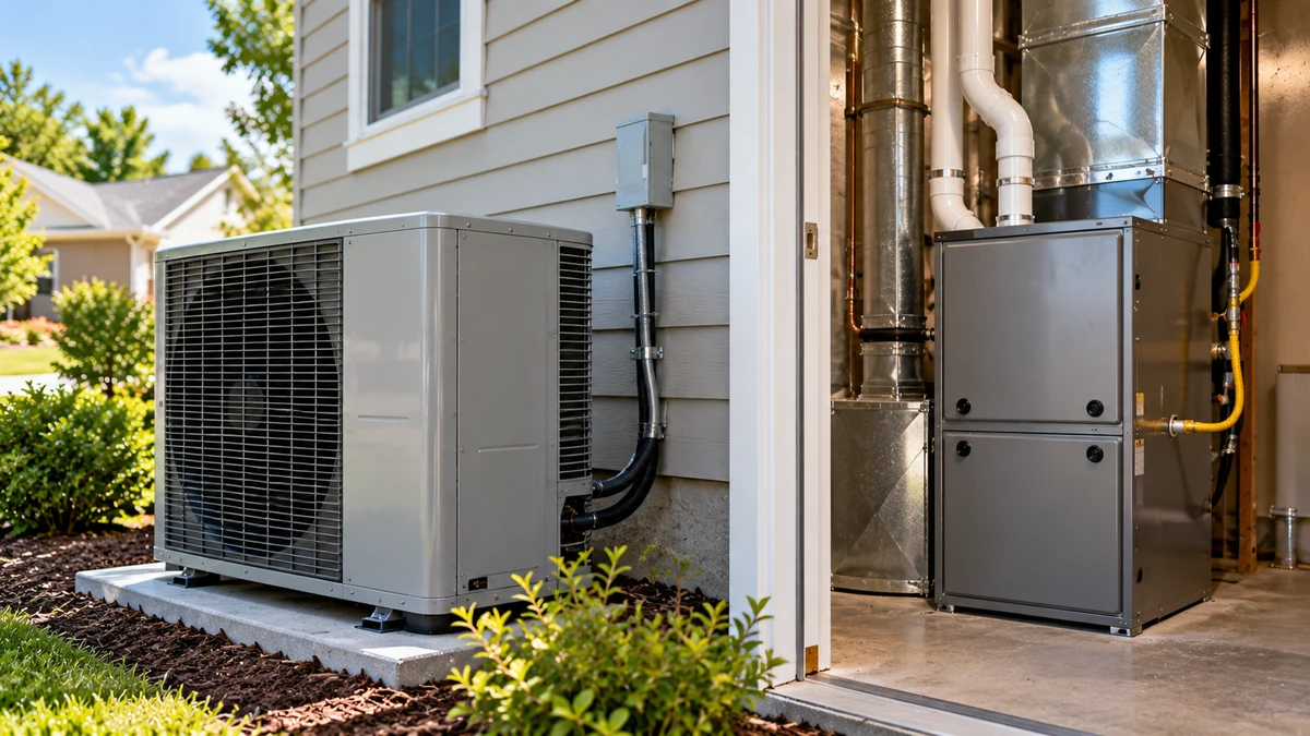 Heat pump vs gas furnace comparison with realistic home HVAC equipment and no people