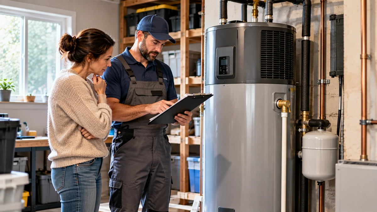 Heat pump water heater rebates USA guide with a realistic homeowner and installer reviewing a heat pump water heater project