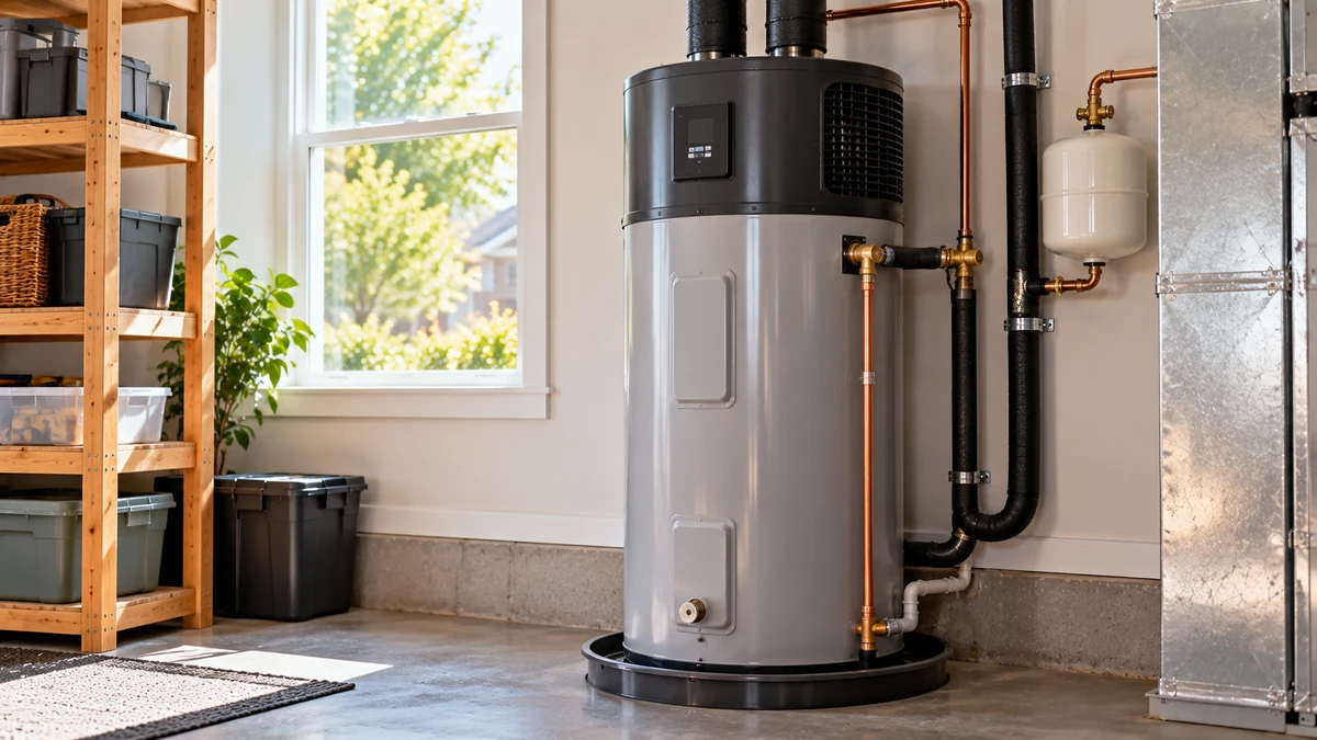 Heat pump water heater running cost USA guide with a realistic hybrid water heater in a utility room