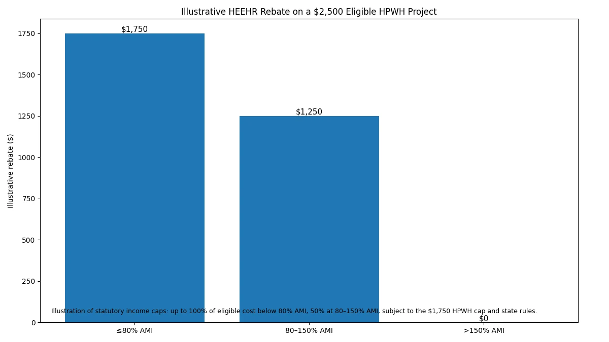 Illustrative HEEHR heat pump water heater rebate by area median income tier