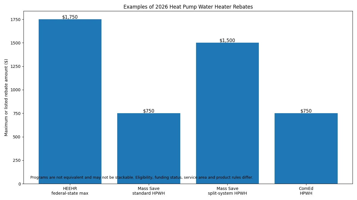 Examples of 2026 heat pump water heater rebate amounts from HEEHR Mass Save and ComEd