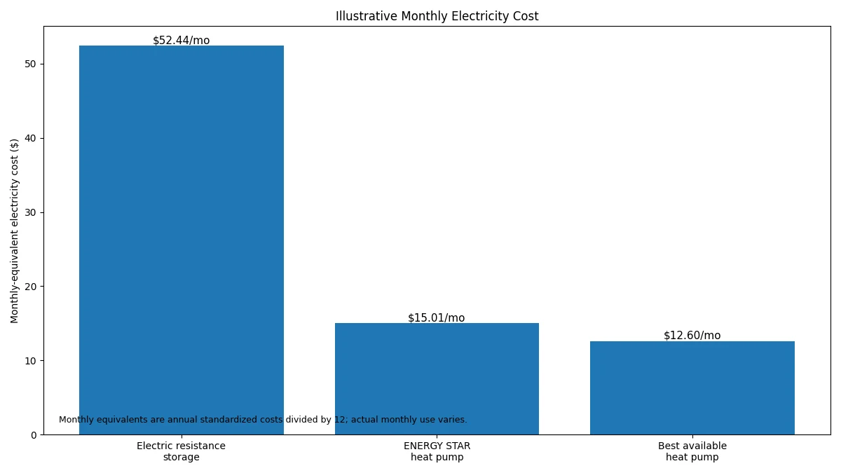 Monthly running cost comparison for conventional electric and heat pump water heaters