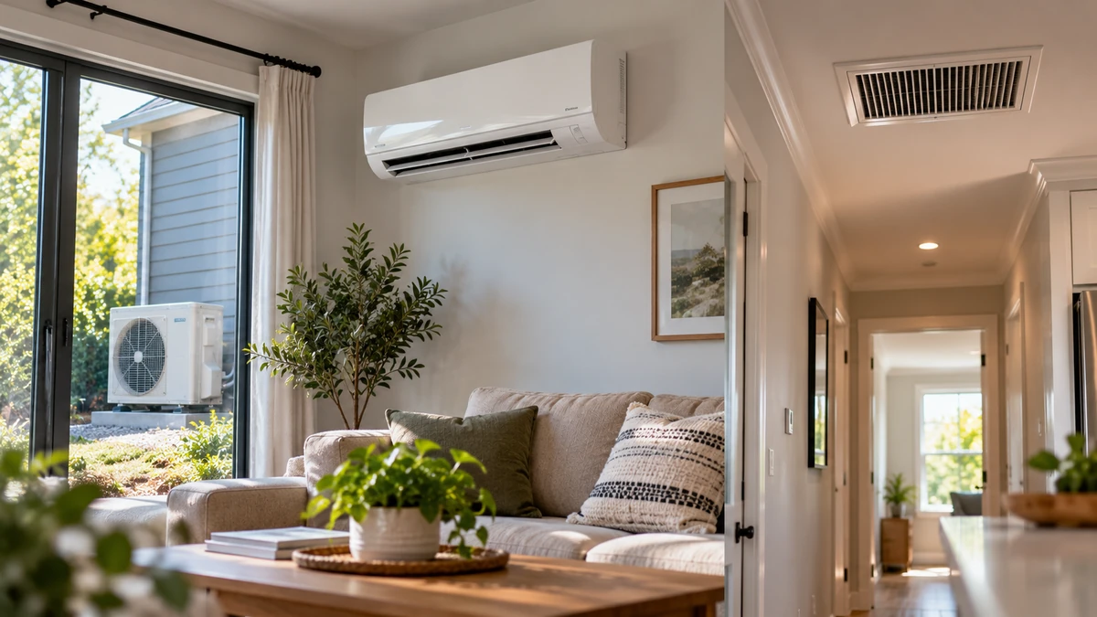 Mini split vs central air comparison in a realistic modern home with a wall mounted mini split and central air vent